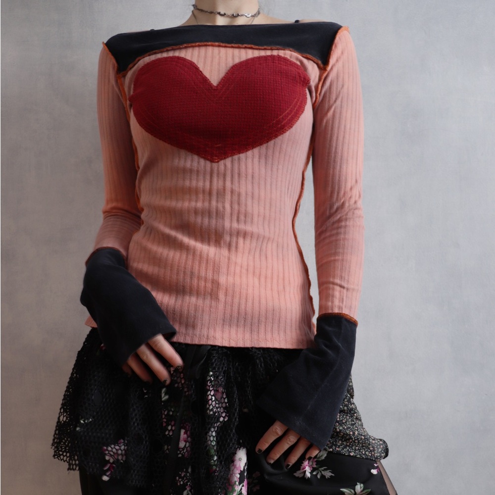 Handmade Obsequies Big Heart Sweater Top With Canoe Neckline Patchwork